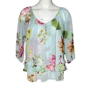 JOSEPH RIBKOFF Womens Blue Floral Layered Overlay Blouse Top Size US 6, UK 8